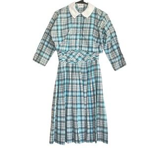 True Vintage 50s Jonathan Logan A-Line Plaid Check Blue 2 Piece Swing Dress Sz S
